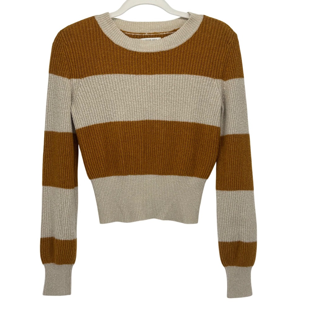 American Eagle Striped Crewneck Sweater Mustard Yellow Cream XS Cropped Knit